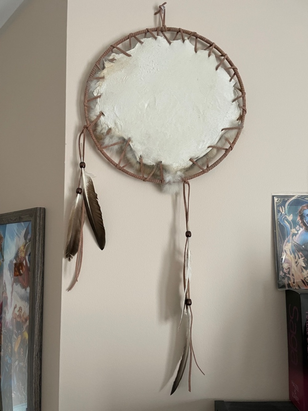First Nations-inspired rabbit fur mandala dreamcatcher with duck feathers